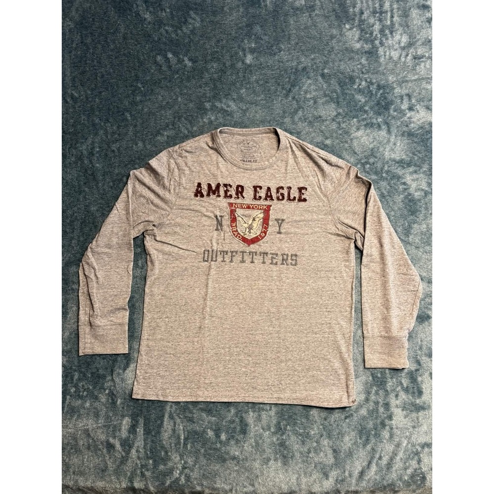 American Eagle Mens XXL Heather Grey Long Sleeve Graphic Athletic Fit T-Shirt